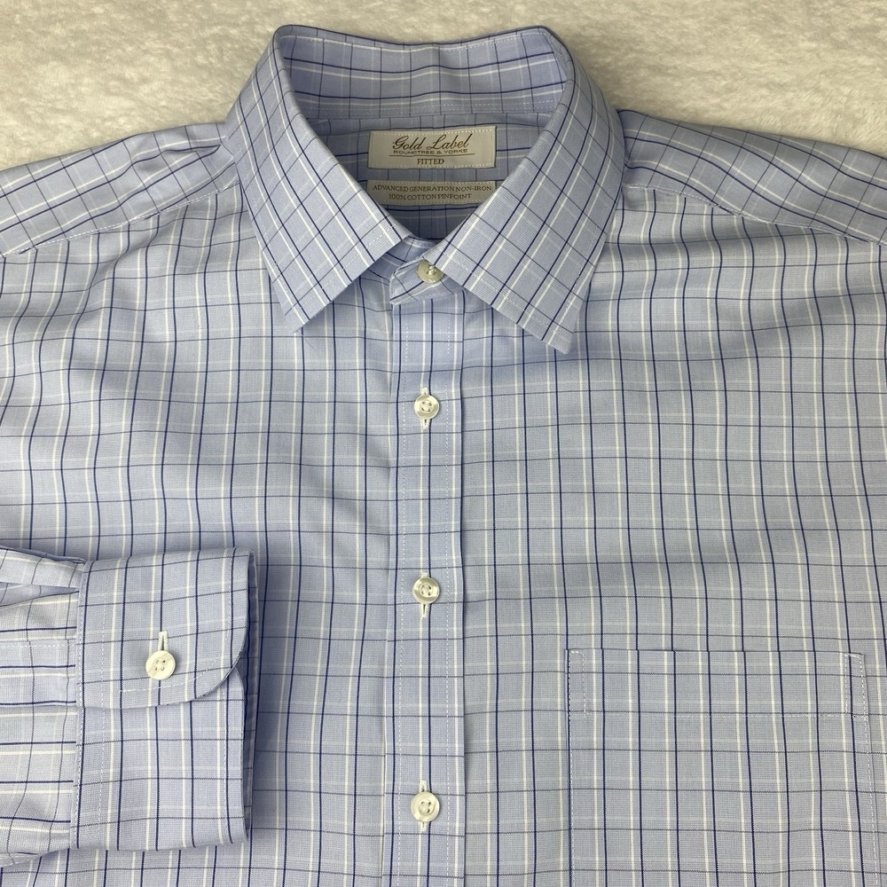 Roundtree & Yorke Gold Label Dress Shirt Mens 16.5-34 Blue Checks Fitted No Iron